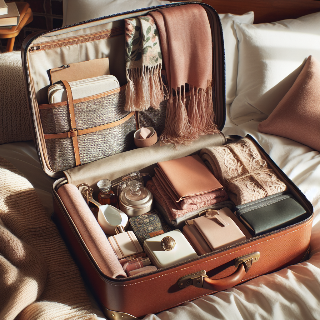 Organized women's travel suitcase with scarves and travel essentials on a cozy bed, embodying comfort and style.