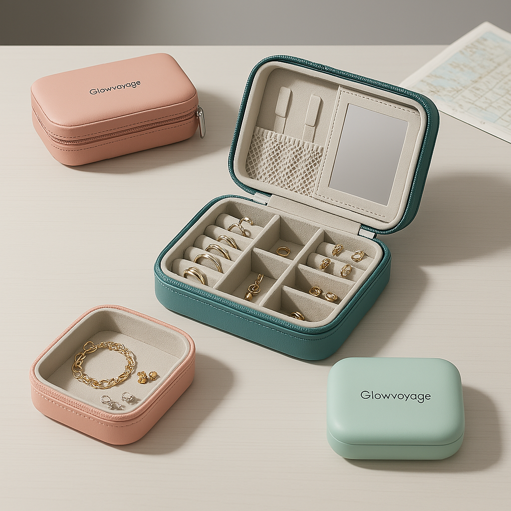 GlowVoyager travel jewelry organizers, boxes, rolls, zip pouches, and earring cards