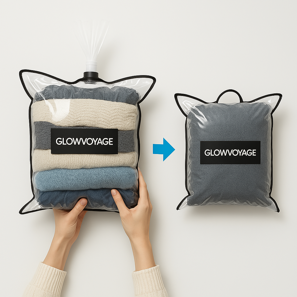 GlowVoyager roll-up and vacuum-free compression bags for efficient packing