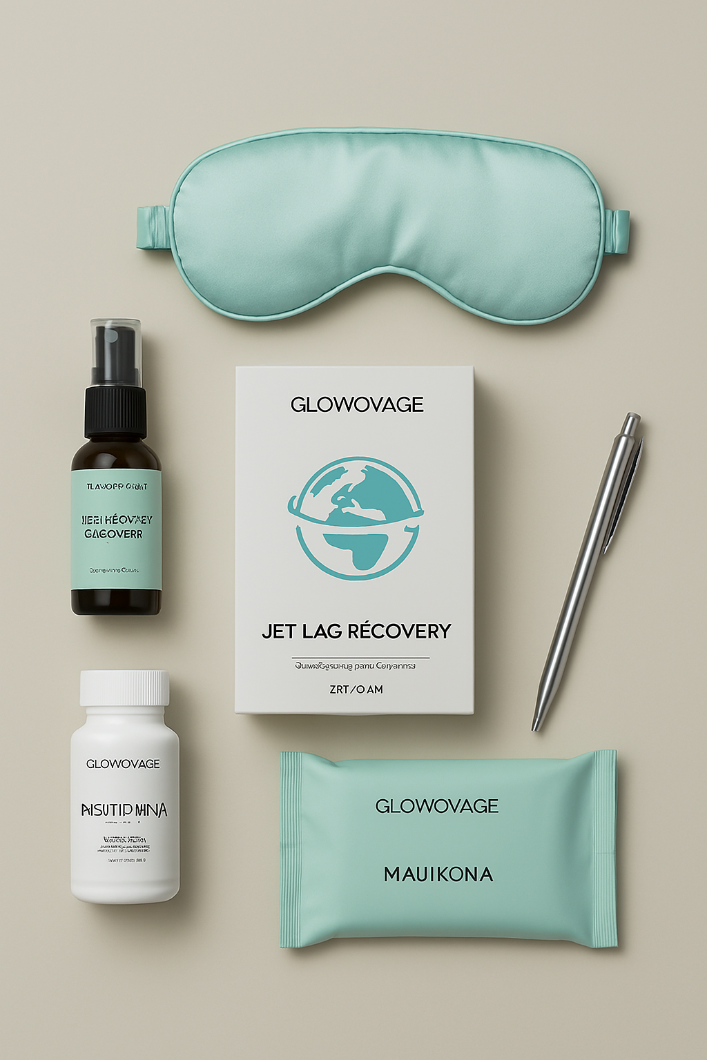 GlowVoyager jet lag recovery essentials with hydration masks, de-puff patches, calming aromas, and travel pillows