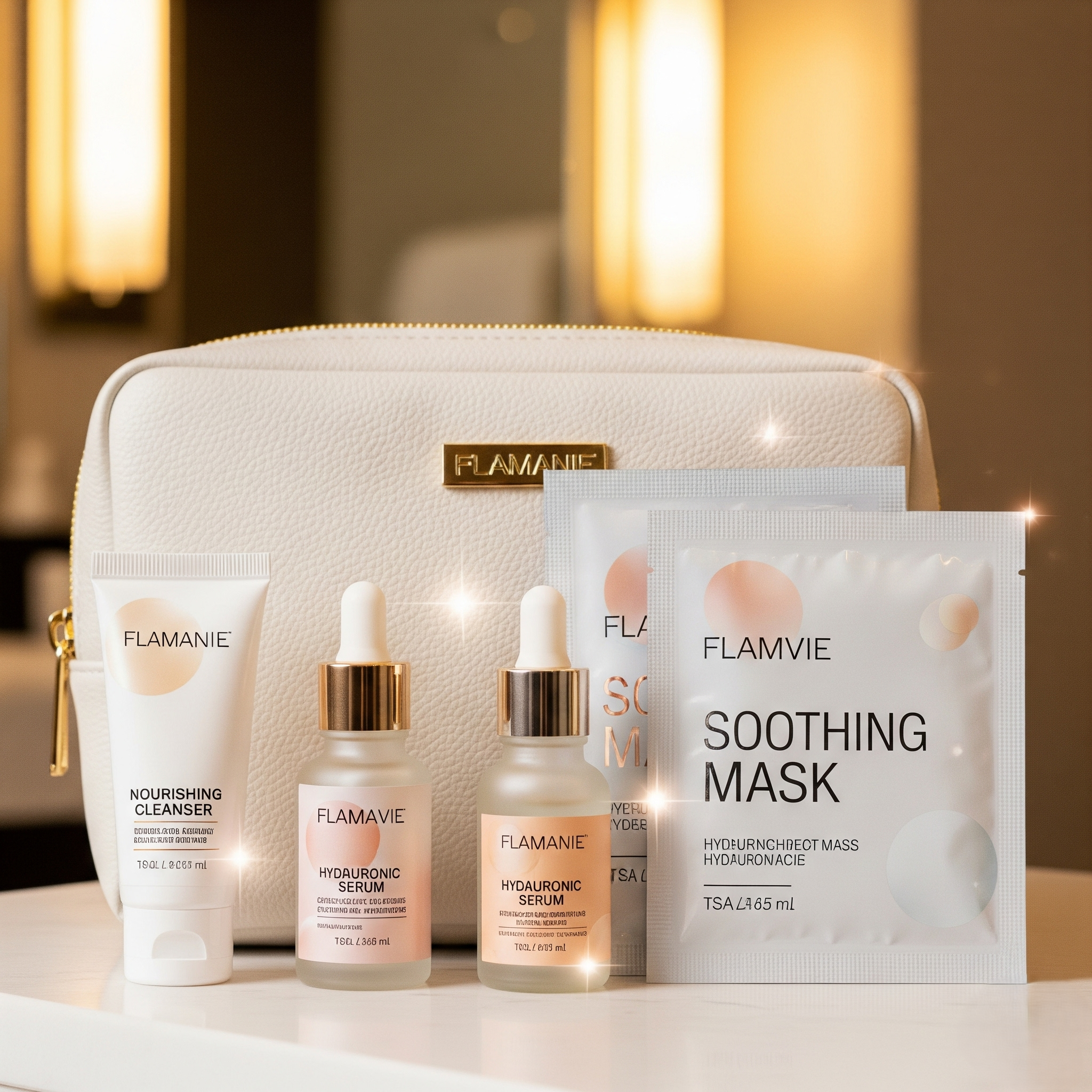 GlowVoyager travel-size cleansers, toners, serums, moisturizers, SPF minis, and sheet masks