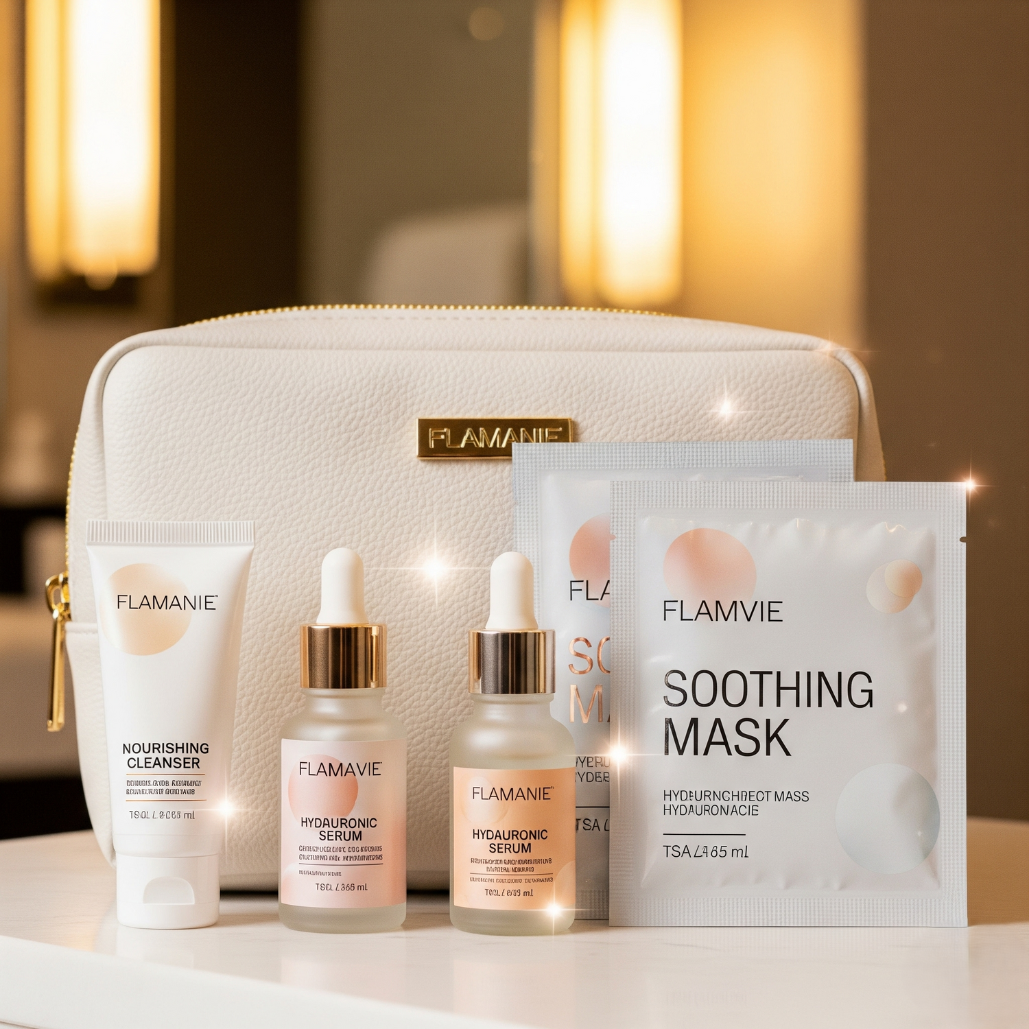 GlowVoyager travel-size cleansers, toners, serums, moisturizers, SPF minis, and sheet masks