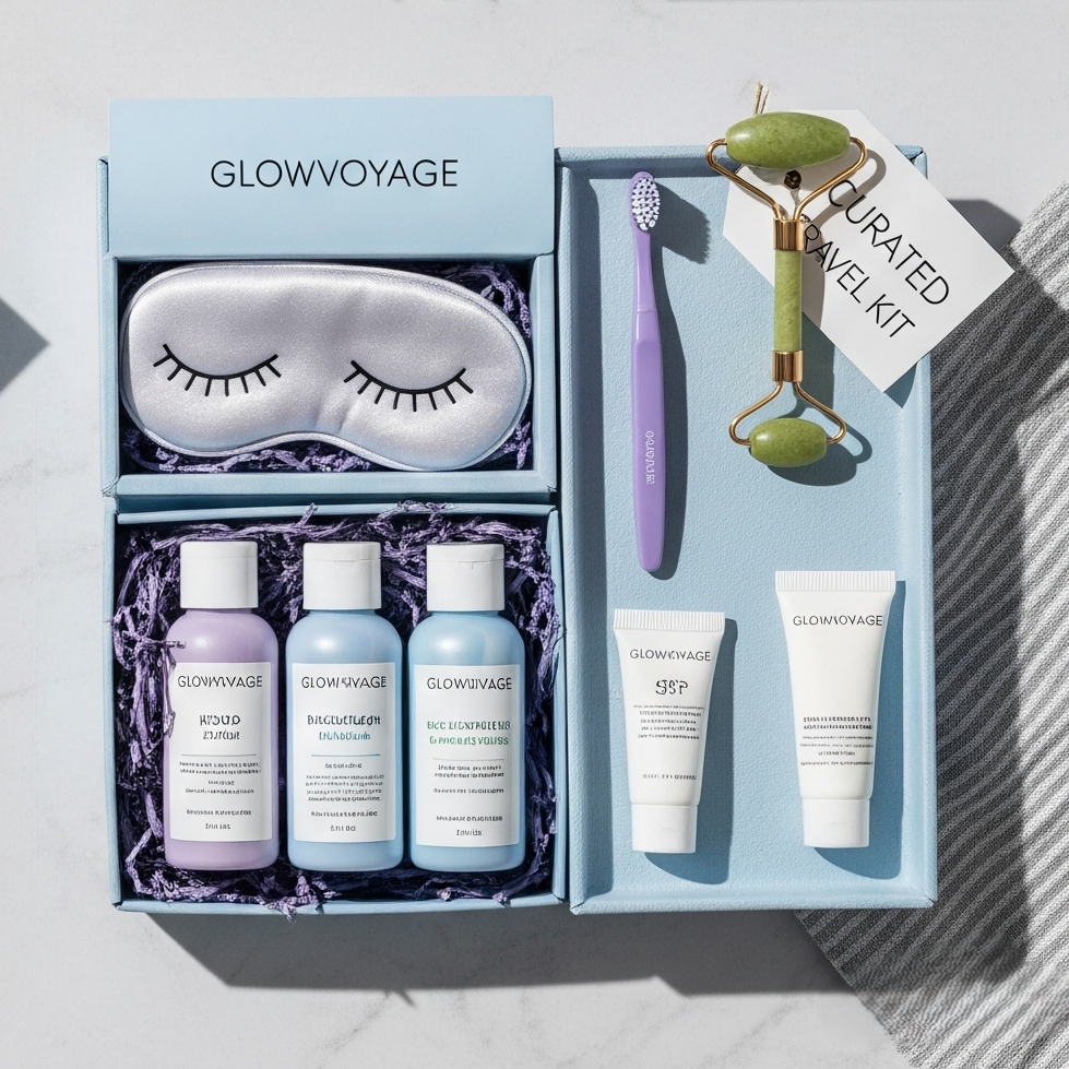 GlowVoyager curated travel kits including in-flight reset, red-eye recovery, weekend AM-PM, beach day duo, and hotel spa sets