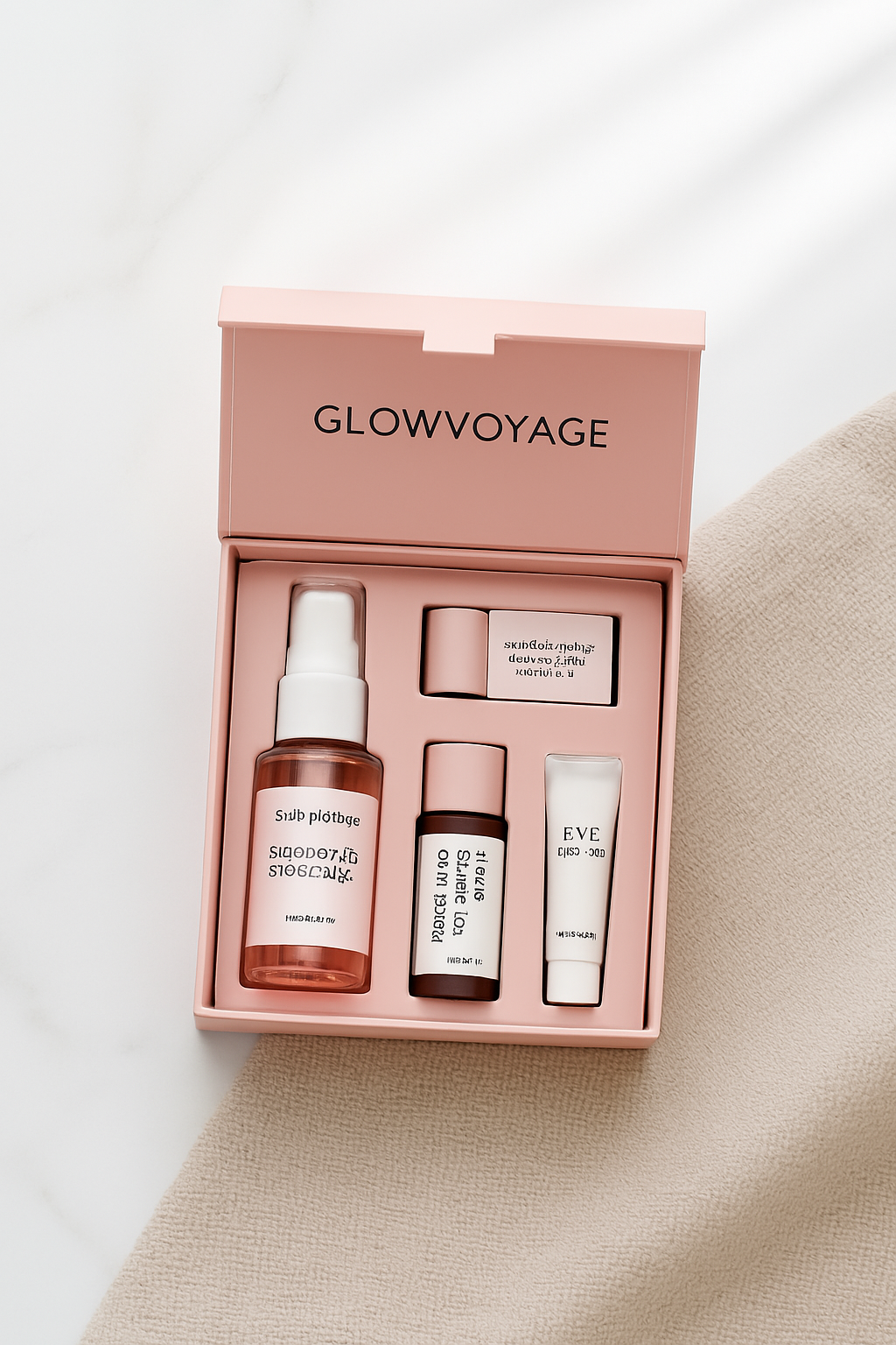 GlowVoyager mini self-care boxes for hydration, calming, radiance, and fragrance-free routines