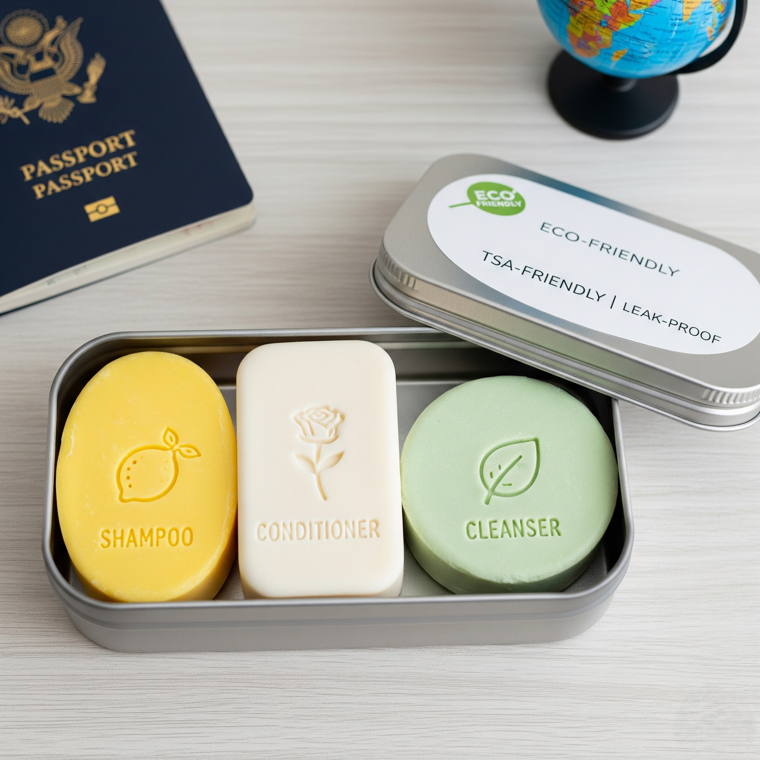 GlowVoyager eco-friendly solid toiletries including shampoo bars, conditioner bars, body wash bars, deodorant sticks, and toothpaste tabs