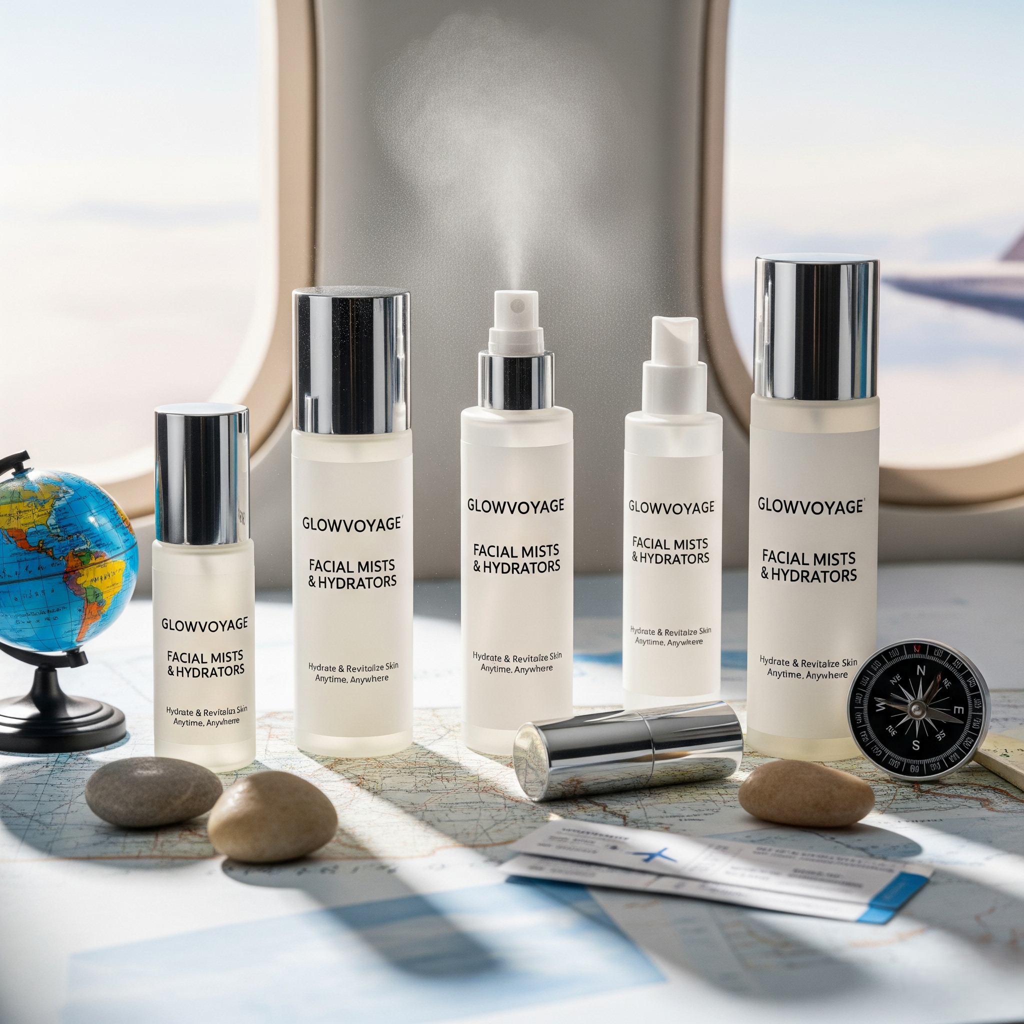 GlowVoyager in-flight facial mists, hydrating ampoules, gel moisturizers, and oil hydrators for radiant skin