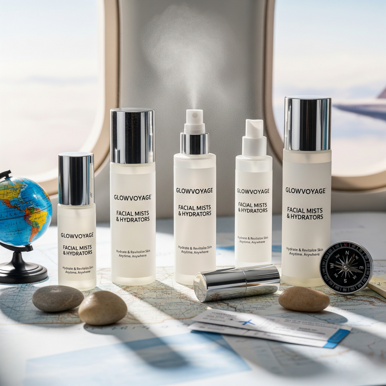 GlowVoyager in-flight facial mists, hydrating ampoules, gel moisturizers, and oil hydrators for radiant skin