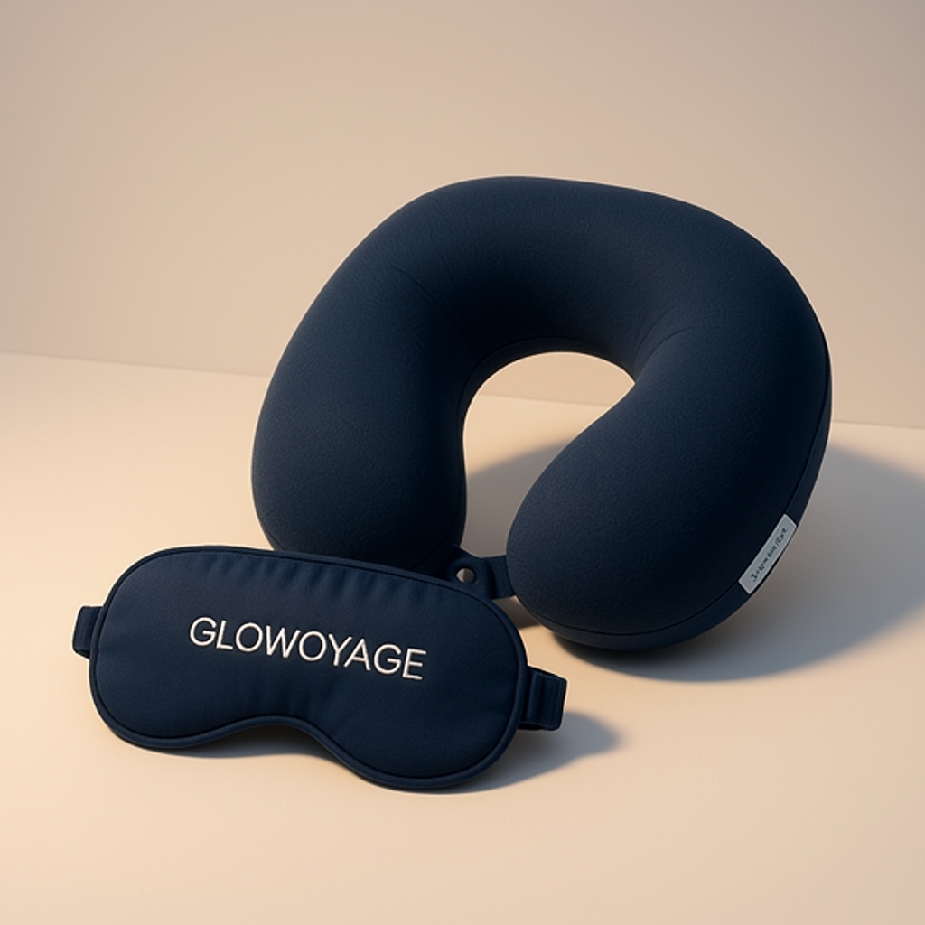 GlowVoyager inflatable and memory foam pillows, silk eye masks, weighted masks, and earplugs