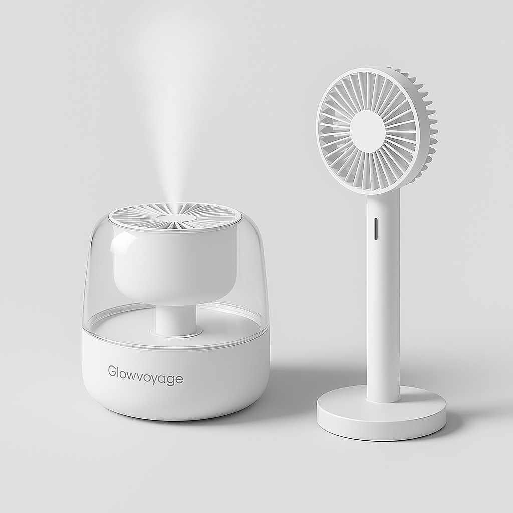 GlowVoyager USB humidifiers, bottle-top diffusers, handheld fans, and neck fans for travel comfort