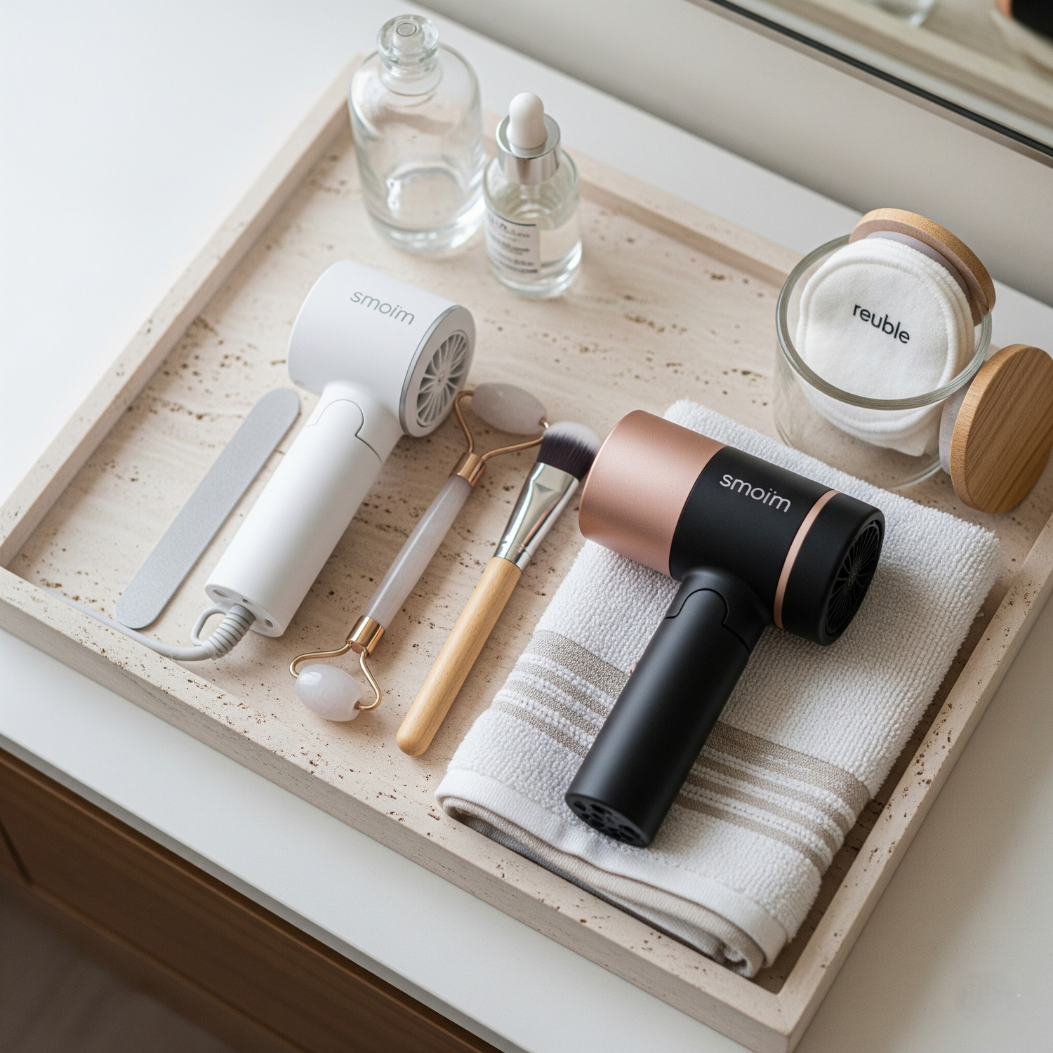 GlowVoyager travel beauty tools like mini hair dryers, flat irons, brush sets, face rollers, and compact mirrors