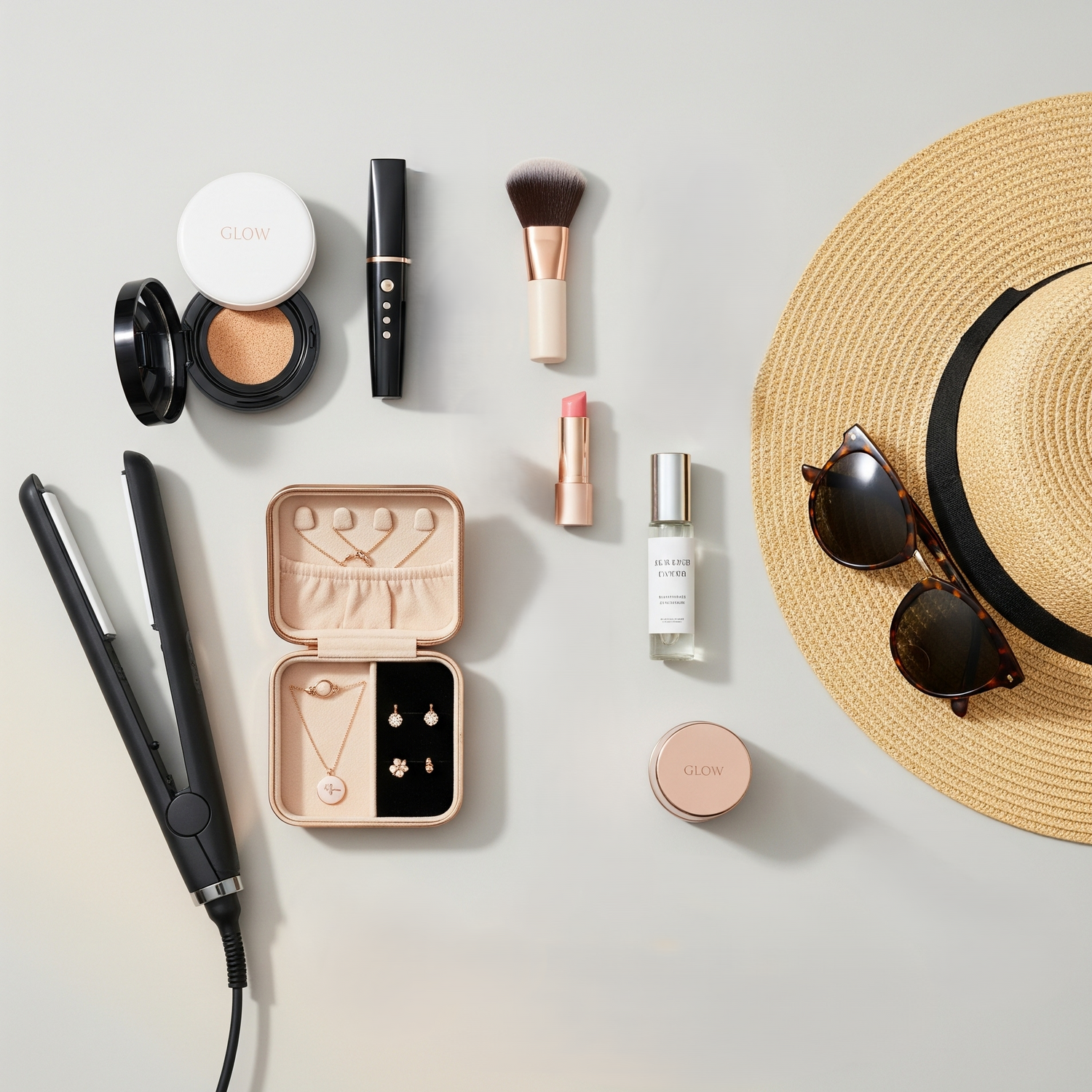 GlowVoyager beauty and travel accessories including mini hair tools, jewelry organizers, and sun protection gear
