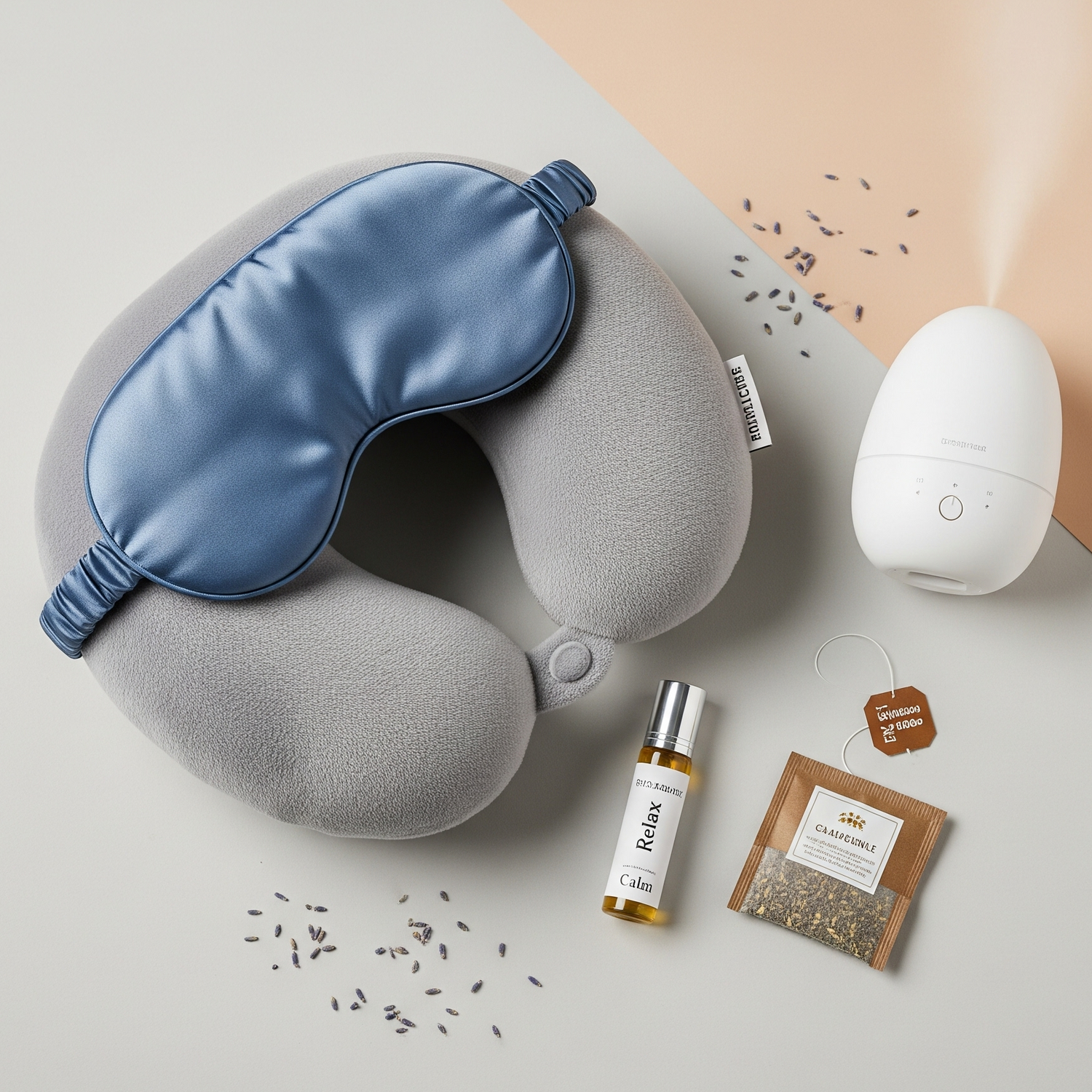 GlowVoyager travel comfort collection with neck pillows, silk eye masks, aromatherapy roll-ons, and calming teas