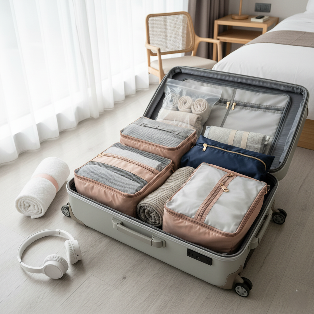 GlowVoyager smart packing solutions including packing cubes, compression bags, toiletry kits, and foldable travel bags