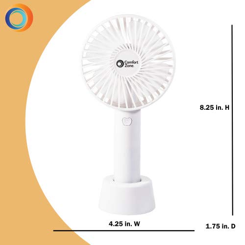 Comfort Zone Personal Handheld Rechargeable Fan, 4 inch, 3 Speed, Lithium Ion Battery, Micro USB Cable, Powerful, Mini Hand Fan, Ideal for Home, Bedroom & Office, CZPF402WT