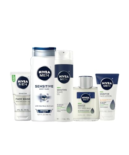 NIVEA MEN Sensitive Skin Care Set for Men, Face Wash, 5 Fl Oz + Body Wash, 16.9 Fl Oz + Shave Gel, 7 Oz + Soothing Post Shave Balm, 3.3 Fl Oz + Face Lotion SPF 15, 2.5 Fl Oz