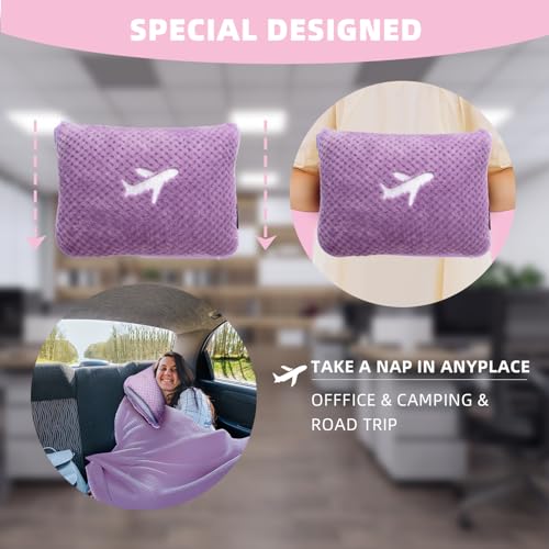 Nenolix 3 in 1 Travel Blanket Pillow Set - 350 GSM Thick Travel Blanket Airplane Compact with Bag, Soft Bag with a Pocket, Inflatable Travel Pillow for Camping & Car Trip (Violet)