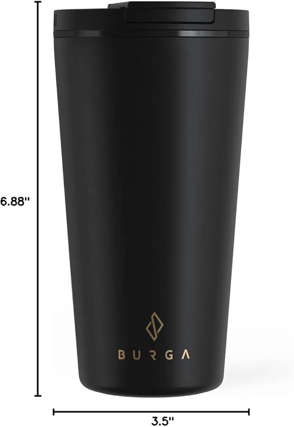 BURGA Travel Mug (16oz) Spill-Proof, Insulated Coffee Mug Scratch-Resistant, Stainless Steel Anti-Slip Tumbler Black