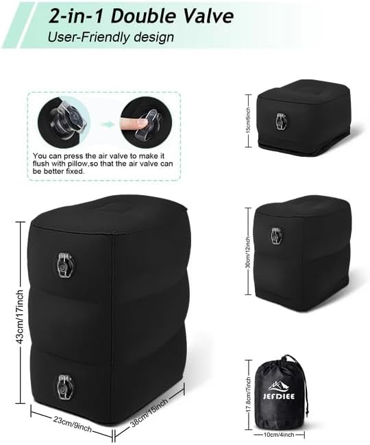 JefDiee Inflatable Travel Foot Rest Pillow, Kids Airplane Bed, Adjustable 3 Layers Height Leg Rest Pillow, Adults Travel Essentials Great for Airplane, Office, Home, Trains, Cars (Black)