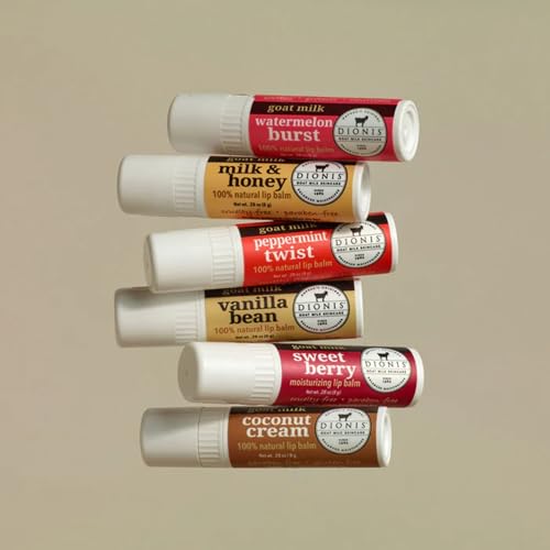 Dionis Goat Milk Skincare Lip Balm Set, Beeswax, Shea Butter & Coconut Oil Self Care Made in The USA, Cruelty Free, Paraben Free Hydrating Moisturizer for Dry Lips, Candy Box Assorted Scents, 0.28oz