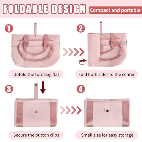 Large Tote Bag for Women with Multiple Pockets, Water Resistant Foldable Tote Bag Utility Tote, Lightweight Shoulder Bag Handbag for Travel, Work, Pink