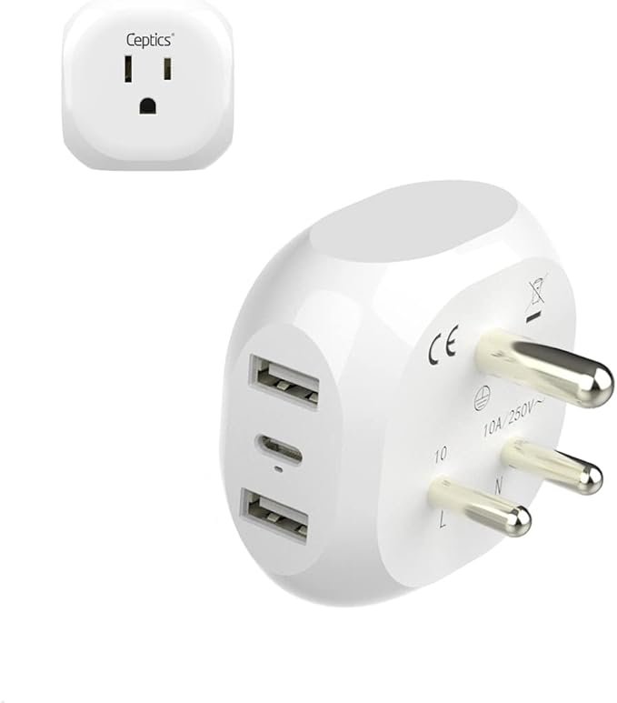 Ceptics India, Pakistan Travel Adapter - 5 Input with QC 3.1A Dual USB and USB-C - Ultra Compact - Light Weight - USA to Any Type D Countries Such as Bangladesh, Maldives and More (PTU-10), White