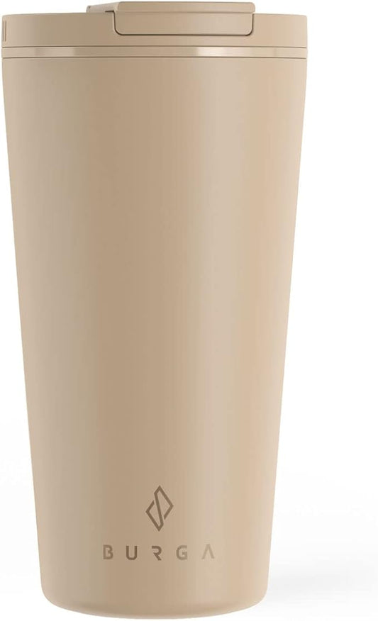 BURGA Stainless Steel Insulated DRINKING_CUP, Travel Spill-Proof With Secure-Seal, Scratch-Resistant, Stays Hot or Cold & Anti-Slip, 16 Ounces, Tan