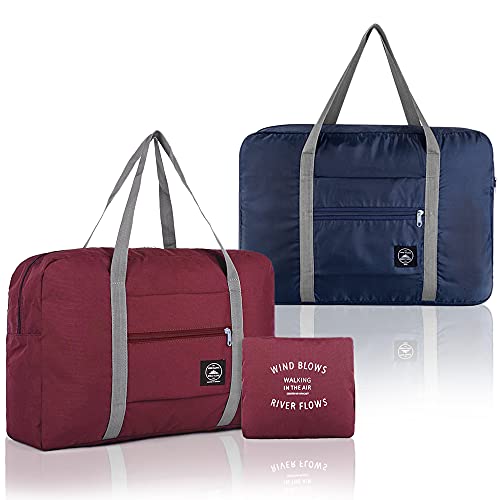 SITAKE 2 Pcs Foldable Travel Duffel Bags, Waterproof Lightweight Carry-on Bags, Suitable for Overnight, Holiday, Shopping, Weekends, Outing, Gym(Wine Red/Navy Blue)