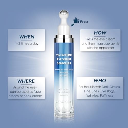 Caffeine & Retinol Eye Cream with 360° Massage Roller – Reduces Puffiness, Bags & Dark Circles – Peptides, Green Tea & Hyaluronic Acid – 15ml