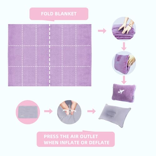 Nenolix 3 in 1 Travel Blanket Pillow Set - 350 GSM Thick Travel Blanket Airplane Compact with Bag, Soft Bag with a Pocket, Inflatable Travel Pillow for Camping & Car Trip (Violet)