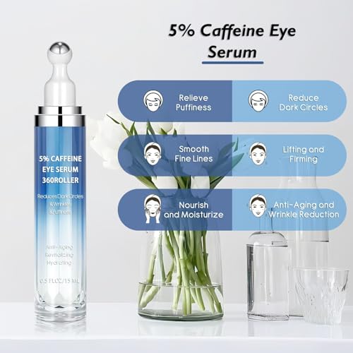 Caffeine & Retinol Eye Cream with 360° Massage Roller – Reduces Puffiness, Bags & Dark Circles – Peptides, Green Tea & Hyaluronic Acid – 15ml