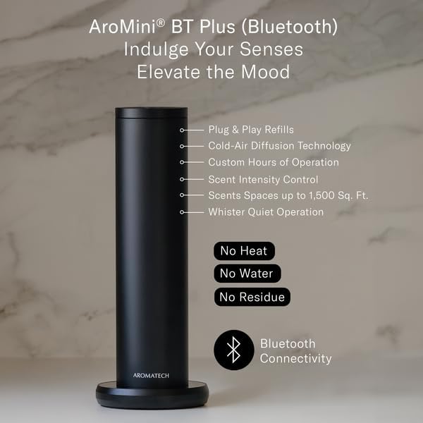 AromaTech New AroMini BT Plus Scent Diffuser w/Bluetooth – Cold-Air Diffusion Scent Machine for Home, Office, Hotel, Spa – Nebulizing Diffusion System for Essential Oil Blends (Silver)