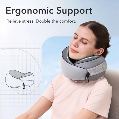 KPNEOL Travel Pillow, 100% Pure Memory Foam Travel Neck Pillow Airplane Neck Support Ergonomic Design for Traveling Suitable for Airplanes,Offices and Cars-Grey