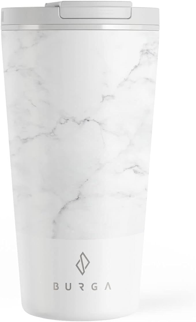 BURGA Travel Coffee Mug (16oz) – Spill-Proof, Secure-Seal Insulated Coffee Mug – Scratch-Resistant, Stainless Steel Travel Mug Stays Hot or Cold – Anti-Slip Coffee Tumbler – White Marble Travel Mug