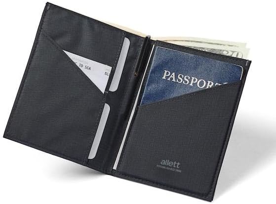 Allett Travel Wallet, Jet Black | Nylon, Thin Bifold, RFID Blocking, Minimalistic, Front Pocket | Holds Up To 10 Cards & Passport | For Men & Women