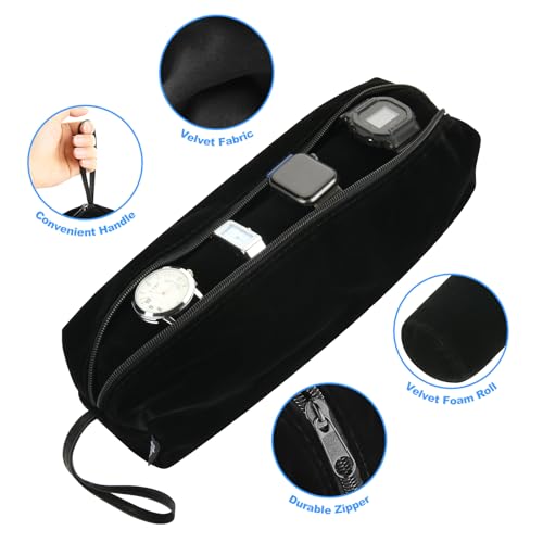 Cosmos Velvet Watch Roll Pouch Organizer Travel Storage Bag Watch Travel Carry Case Bag Water Pouch Organizer with Removable Roll Insert Velvet Holder, Black Color
