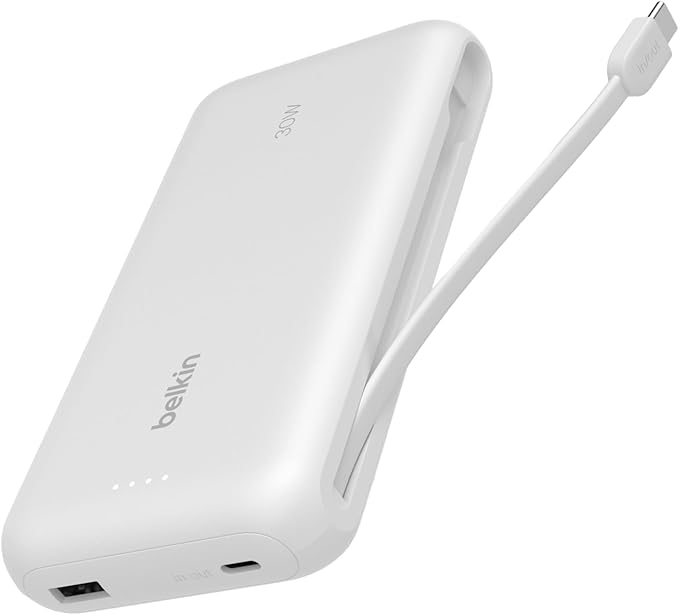 Belkin Portable Charger, Power Bank with Integrated Cable 20000 mAh 30W - Fast Charging USB C Power Delivery, iPhone Charger - iPhone 17, Air, Pro, Pro Max, iPad, Galaxy S25, & More - White