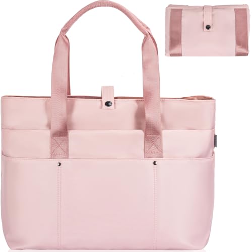 Large Tote Bag for Women with Multiple Pockets, Water Resistant Foldable Tote Bag Utility Tote, Lightweight Shoulder Bag Handbag for Travel, Work, Pink