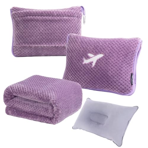 Nenolix 3 in 1 Travel Blanket Pillow Set - 350 GSM Thick Travel Blanket Airplane Compact with Bag, Soft Bag with a Pocket, Inflatable Travel Pillow for Camping & Car Trip (Violet)