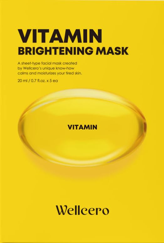 ELT Wellcero Vitamin C (1 Count 5pcs) Korean Face Masks, Brightening Sheet Mask, Soothing Facial Mask, Wrinkle Fighting, Deep Collagen, Korean Skin care