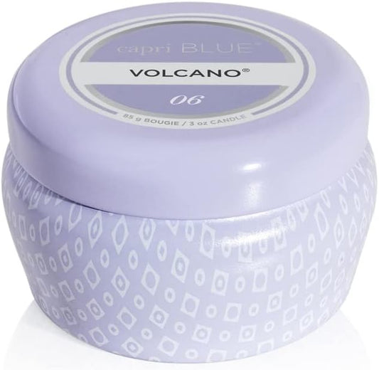 Capri Blue Volcano Scented Mini Tin Jar Candle - Printed Mini Tin Candles for Home Scented with Tropical Fruit & Sugared Citrus - Long Lasting Soy Wax Blend - Lavender Colored (3 oz)