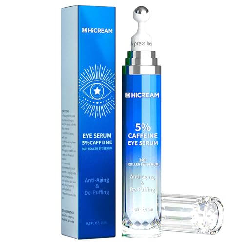 Hicream Eye Cream with 5% Caffeine Hyaluronic Acid for Puffy, Fine Lines, Dark Circles and Wrinkles, Under Eye Serum with 360° Roller Massage Ball, Eyelids Skin Care for Women & Men, 0.5 fl. oz