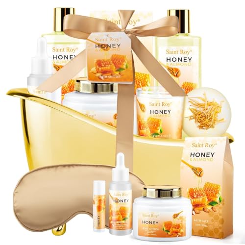 Bath & Body Gift Set, Luxury Home Spa Bath Gift Basket, Honey Almond Scented Bath Set, Pamper Gifts for Women Birthday gifts & Teens, Christmas Spa Gift, Home Spa Gifts for Women Men Dad