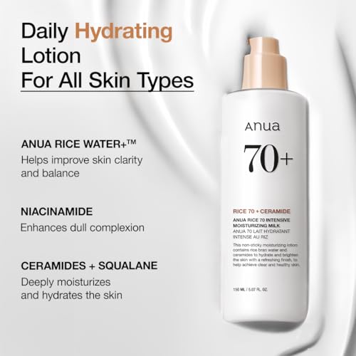 ANUA Rice 70 Intensive Moisturizing Milk, Lotion for Deep Hydration and Nourishing, Glowy Glass Skin, Rice Water, Niacinamide, Ceramides, Lightweight, Korean Skincare, 150ml/ 5.07 fl.oz.