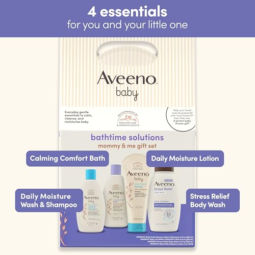 Aveeno Baby Bathtime Solutions Mommy & Me Gift Set, Baby Wash & Shampoo, Calming Bath, Daily Moisturizing Lotion and Stress Relief Body Wash for Mom, Colloidal Oat, Baby Bath Essentials, 4 items