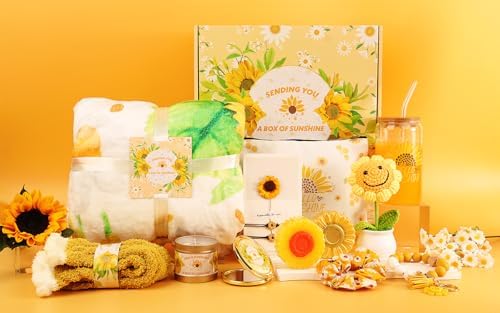 Sunflower Gifts for Women, Get Well Soon Gift Basket for Women,15pc Care Package Feel Better Gift, Surgery Wellness Kit, Thinking of You Sunshine Birthday Box for Her Mom Friend Coworkers Teacher Wife