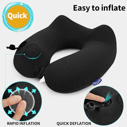 Glyzia Inflatable Travel Neck Pillow for Airplane, Head Support Velvet Adult Neck Pillow for Long Flight, Kit with Eye Mask, Earplugs and Storage Bag,1, Black