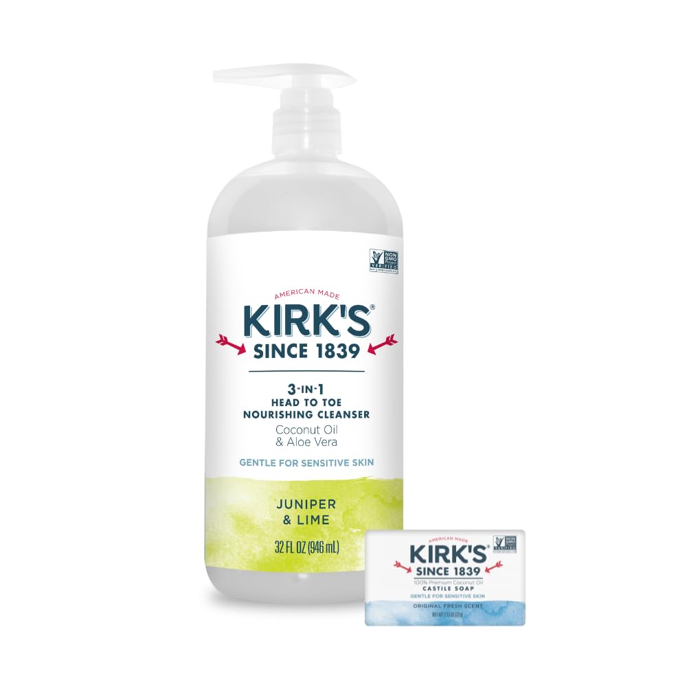 Kirk's 3-in-1 Castile Liquid Soap Travel Size Bar Soap (1.13 oz.) | Head-to-Toe Clean Shampoo, Face Soap & Body Wash for Men, Women & Children | Juniper & Lime Scent | 32 Fl Oz.