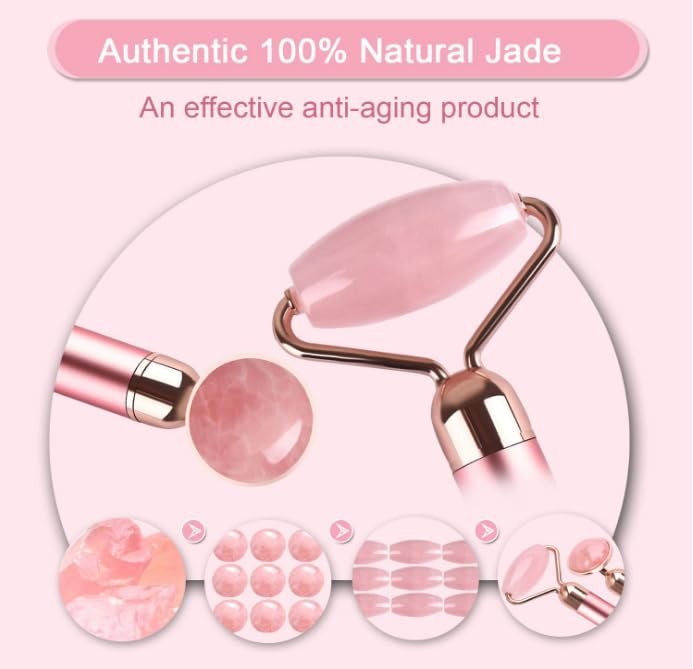 Generic 7pcs Facial Jade Roller and Gua Sha Kit, 100% Natural Jade Stone Face Massager for Skin Tightening, Dark Circles, Skin Rejuvenation, Wrinkle Remover, Men and Women Massage Tool Gift Set, Pink