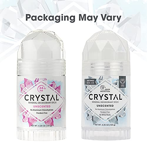 CRYSTAL Mineral Deodorant Stick - Unscented Body Deodorant With 24-Hour Odor Protection, Non-Staining & Non-Sticky, Aluminum Chloride & Paraben Free, 4.25 oz, (2 Pack) (Packaging May Vary)