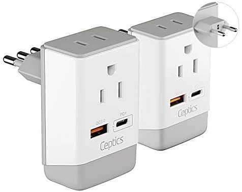 Ceptics Italy, Chile Travel 2 Pack Plug Adapter QC 3.0 & PD, Safe Dual USB & USB-C - 2 USA Socket Compact & Powerful - Use in Rome, Milan, Greece - Type C, Type L - Fast Charging (AP-9C-12-PK)